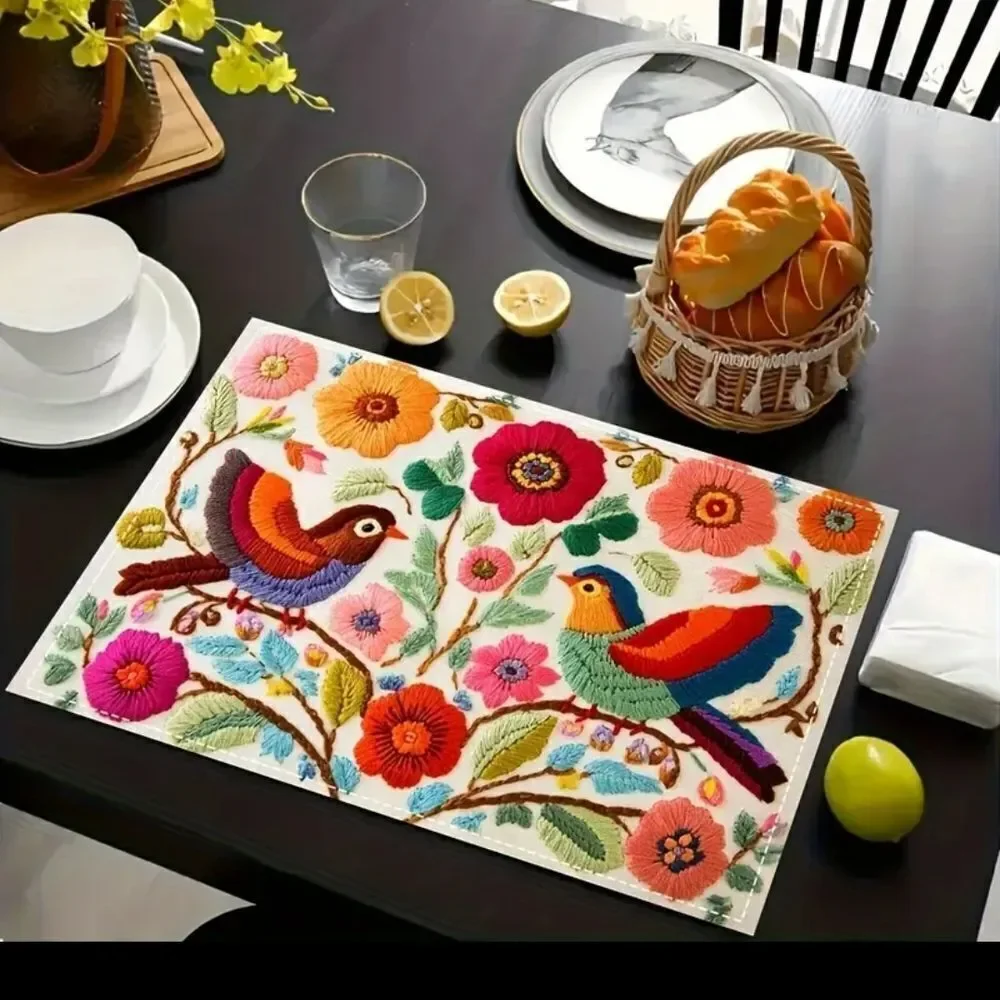 Floral Bird Pattern Linen Placemats 4pcs.